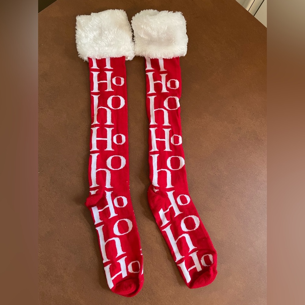 Holiday knee high “Ho Ho Ho” socks- red and white- never worn NWOT 🎉Host Pick!🎉 - Picture 1 of 3